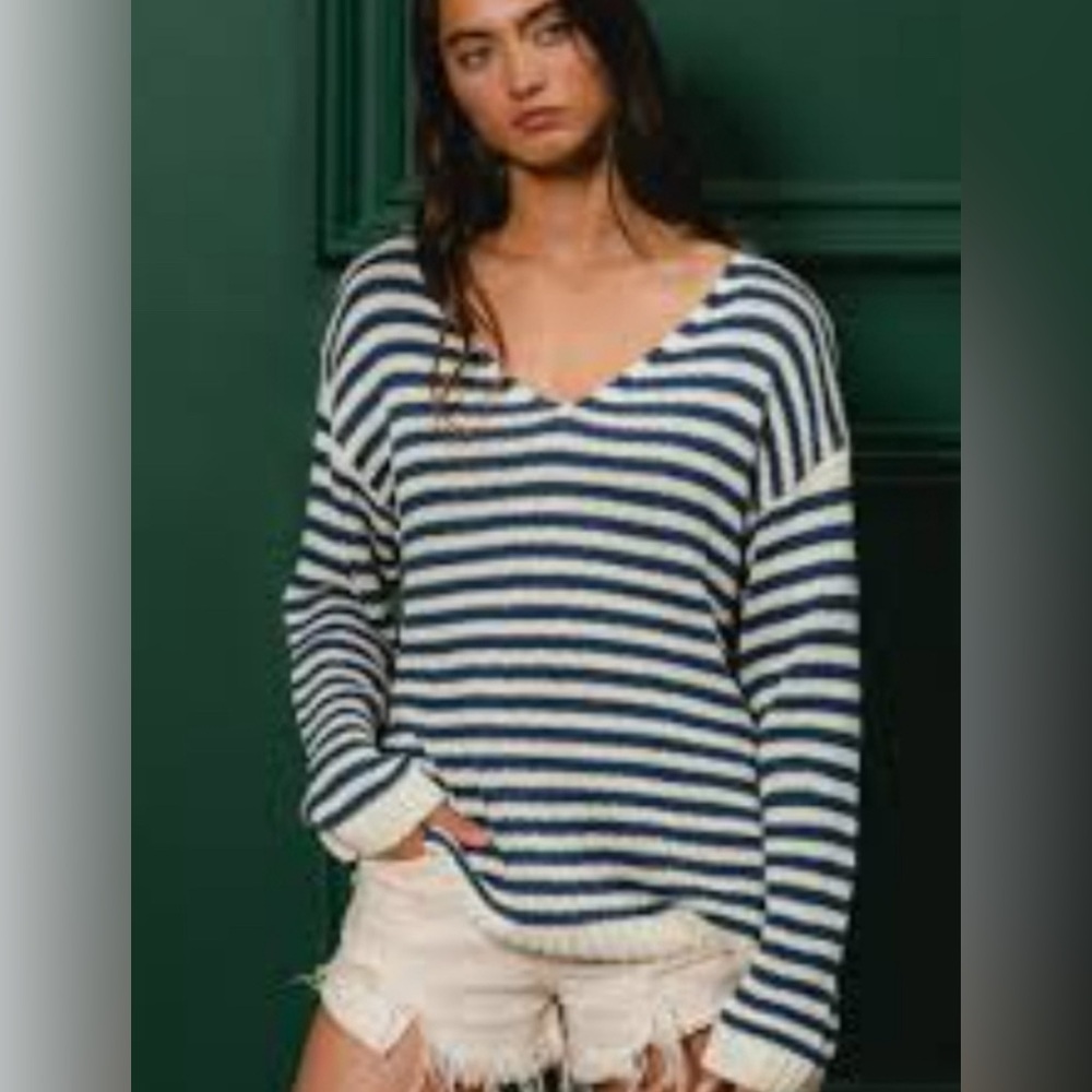 BiBi Navy and off White Striped Oversized V-Neck Sweater